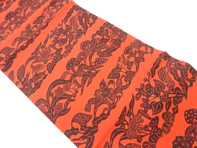 JAPANESE NAGOYA OBI / SHIOZE / KATAZOME / FLORAL PLANTS